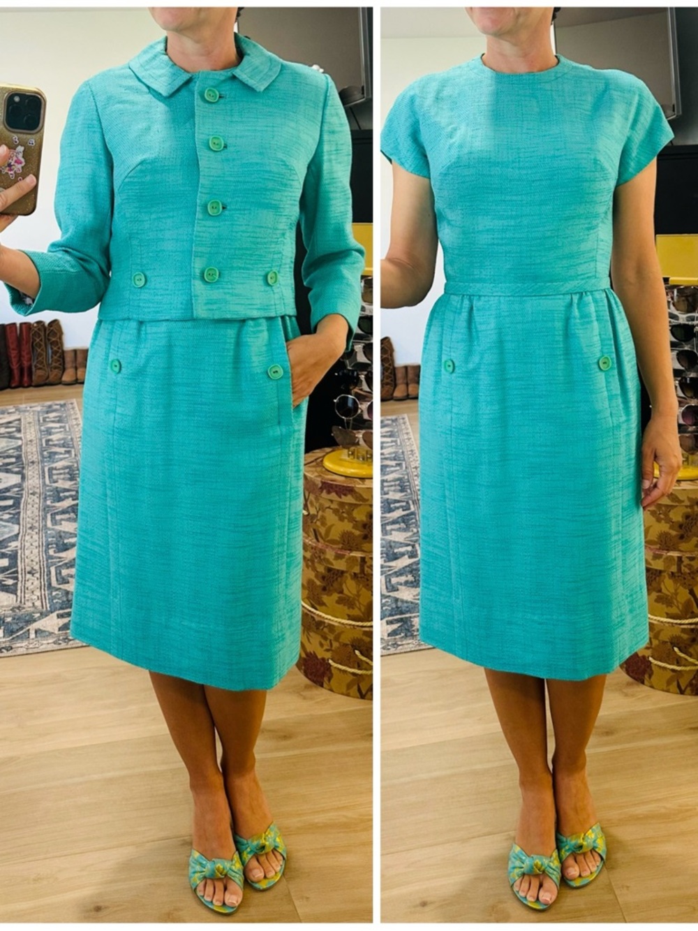 Vintage 60’s Aqua Textured Midi Dress & Jacket Set